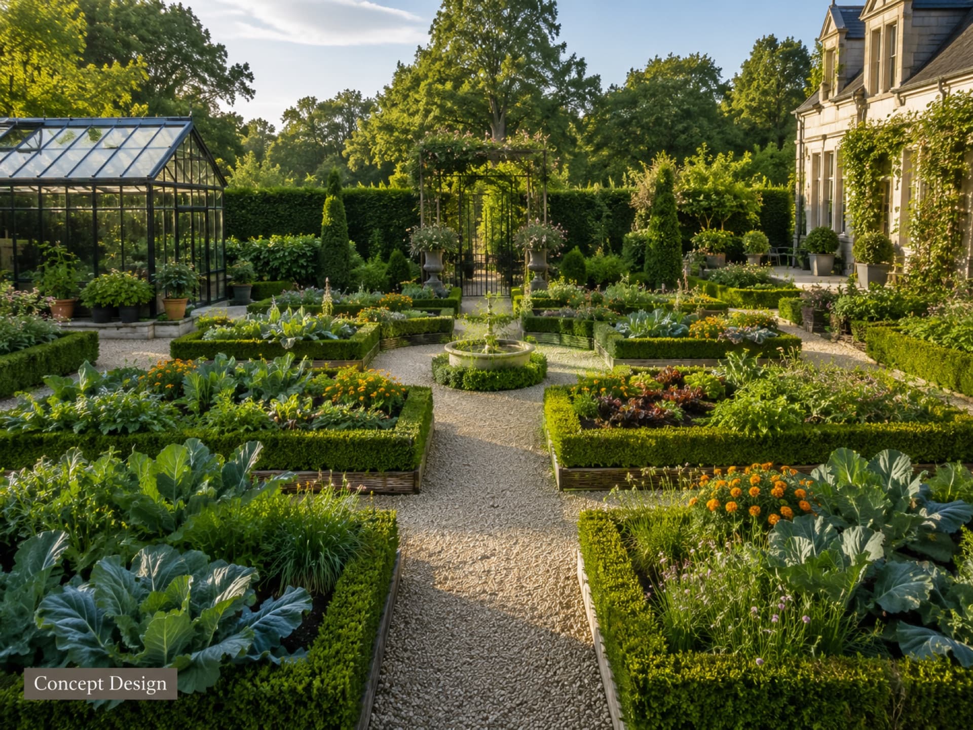 Formal French potager garden with symmetrically arranged boxwood-edged beds, gravel paths, fountain, and greenhouse