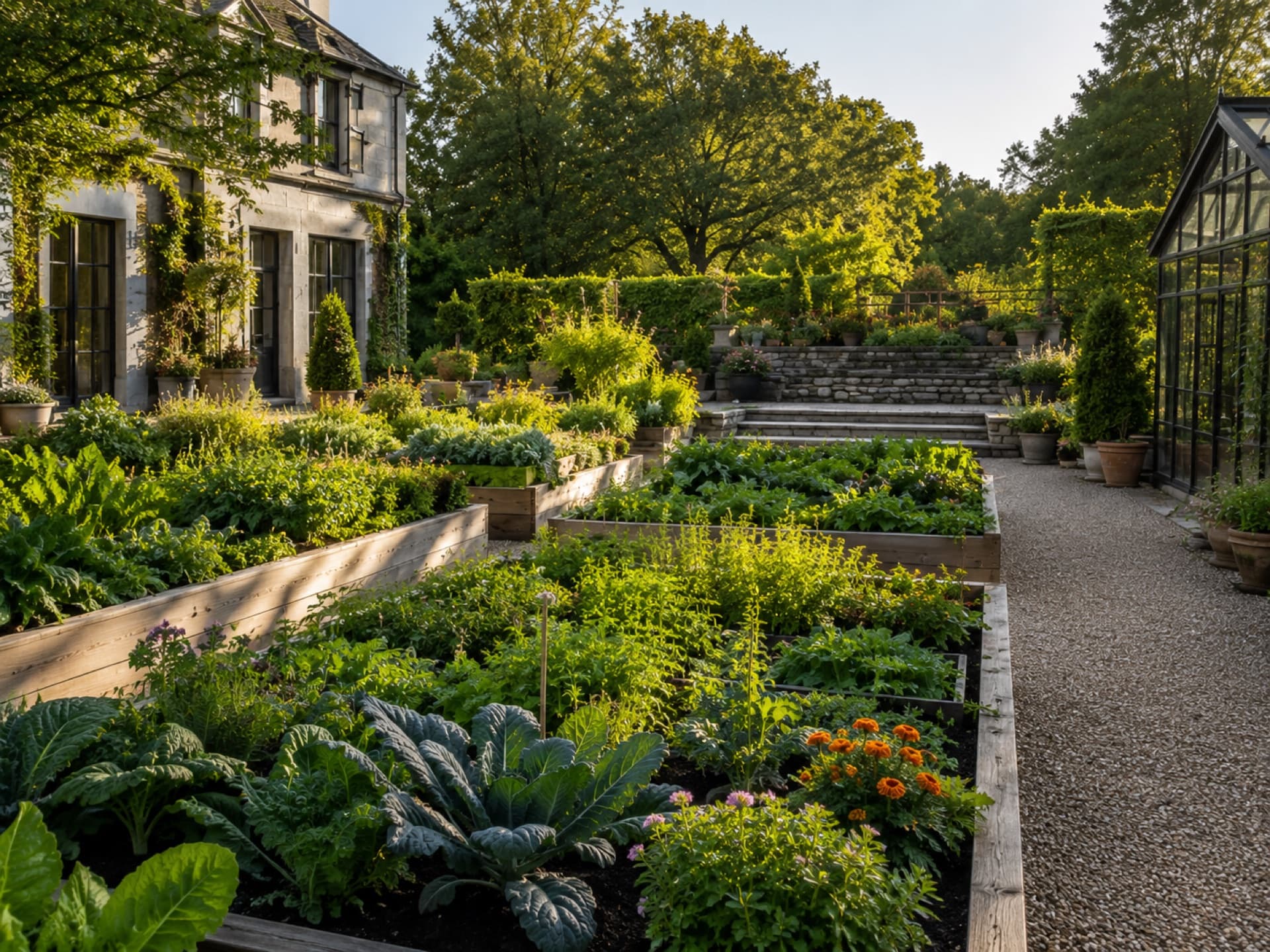 Custom raised timber garden beds with lush planting and gravel paths leading toward a stone manor house and greenhouse